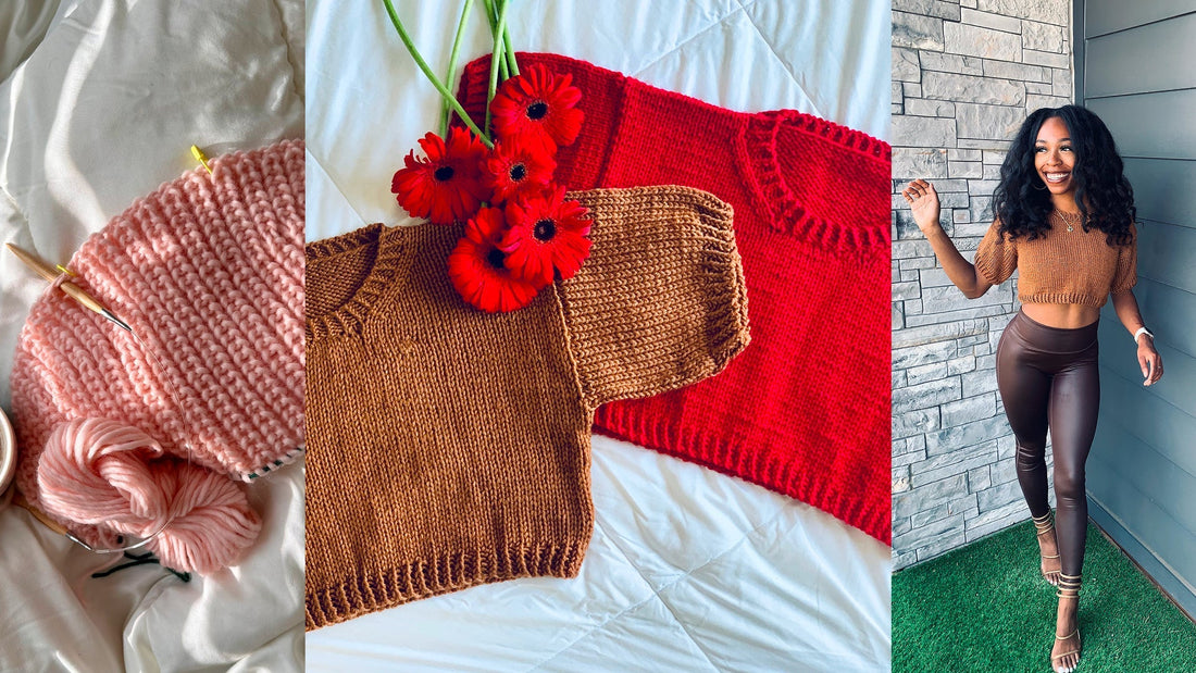 Drop Shoulder Construction Featured Image Consisting of 3 Photos: 1 with Shaped Shoulders, 1 with 2 Sweaters, and 1 of Model Wearing Sweater