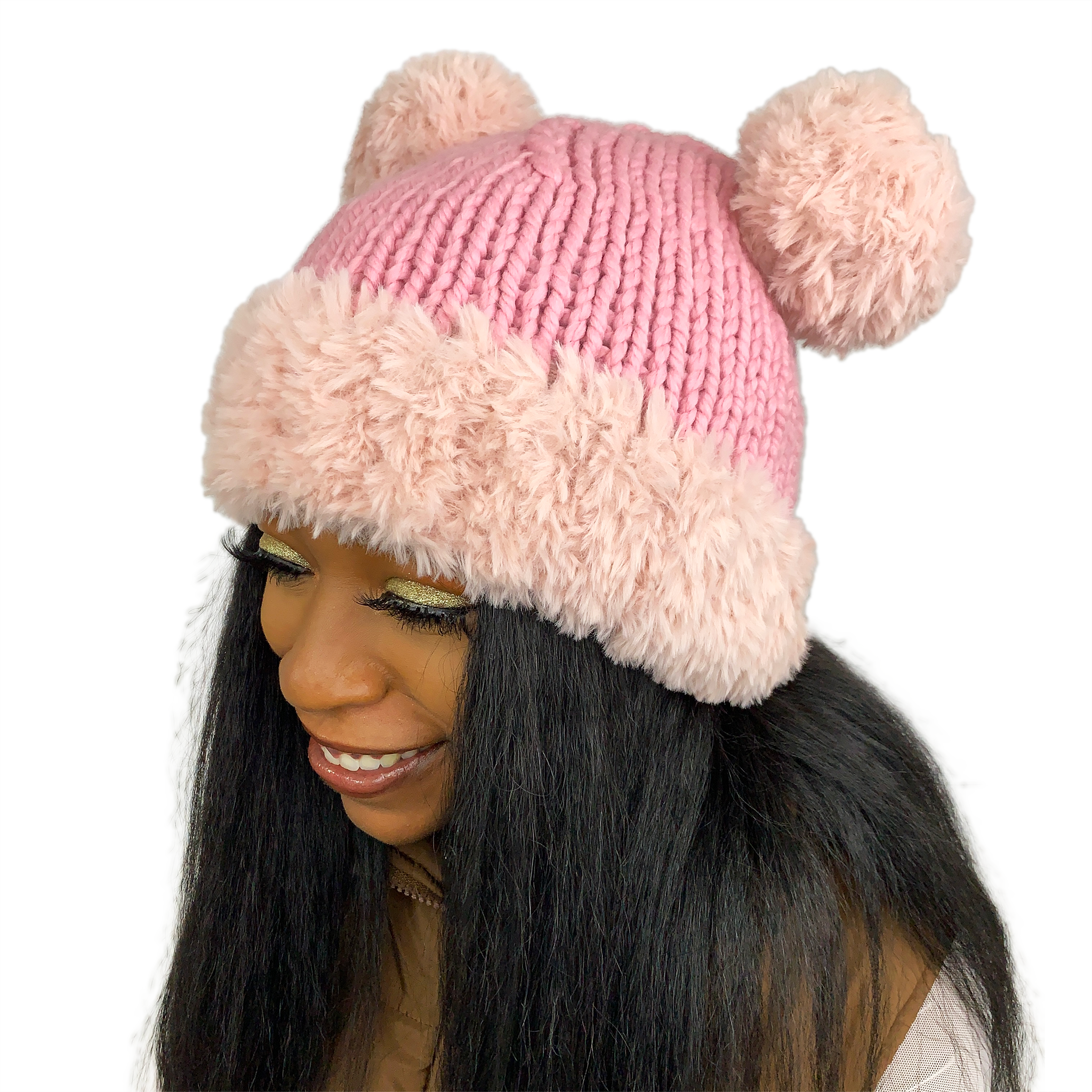 UGG Knit Hot Pink Fuzzy Pom Pom Beanie Hat Y2K Kawaii Hot Pink Beanie with Matching Pink Raccoon Pom Pom  main image 2