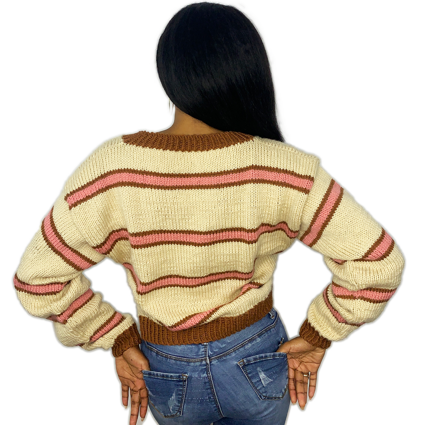 striped knit v-neck sweater back view