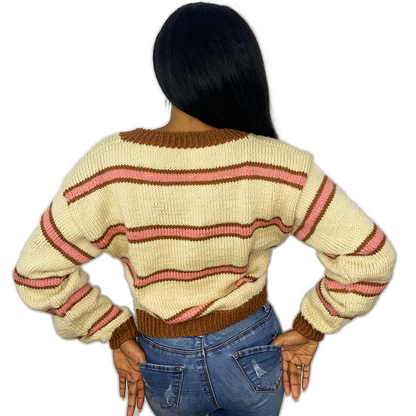 striped knit v-neck sweater back view
