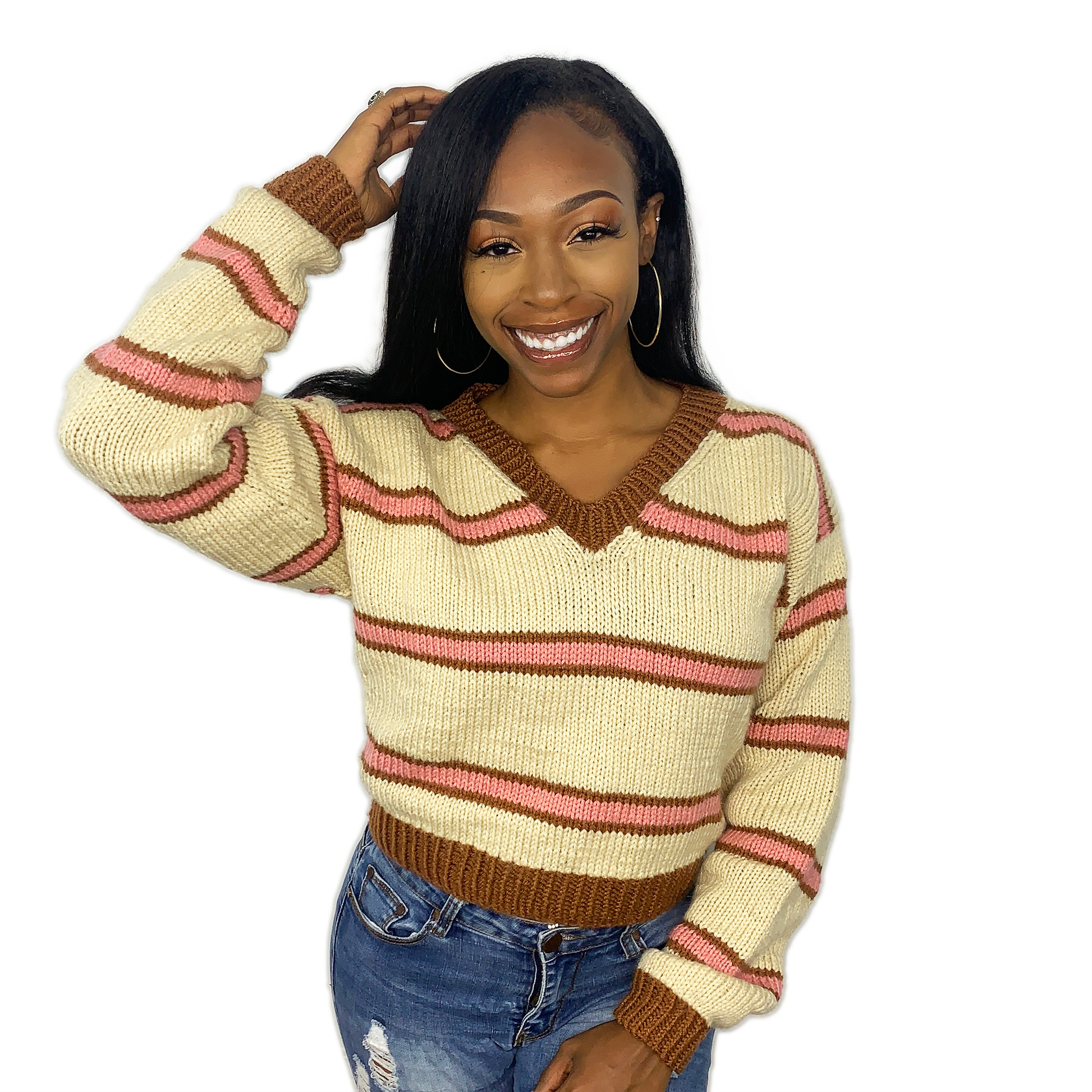 knit v-neck sweater pattern striped sweater