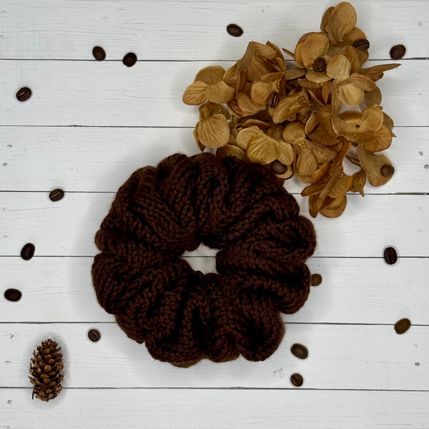 hand knit jumbo scrunchie in cocoa brown